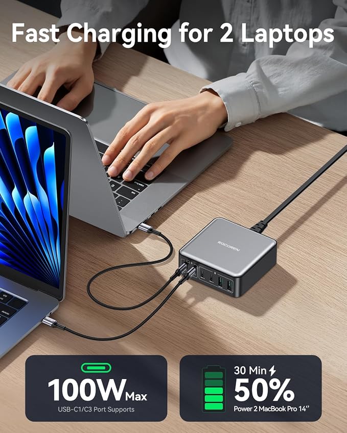 270W USB C Charger Block, Rocoren 6 Port Multi USB-C Charging Station, 100W PD