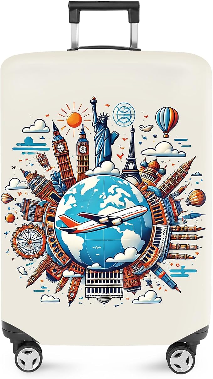 ANNA QUEEN Travel Around the World Luggage Cover, Colorful Landmark Suitcase