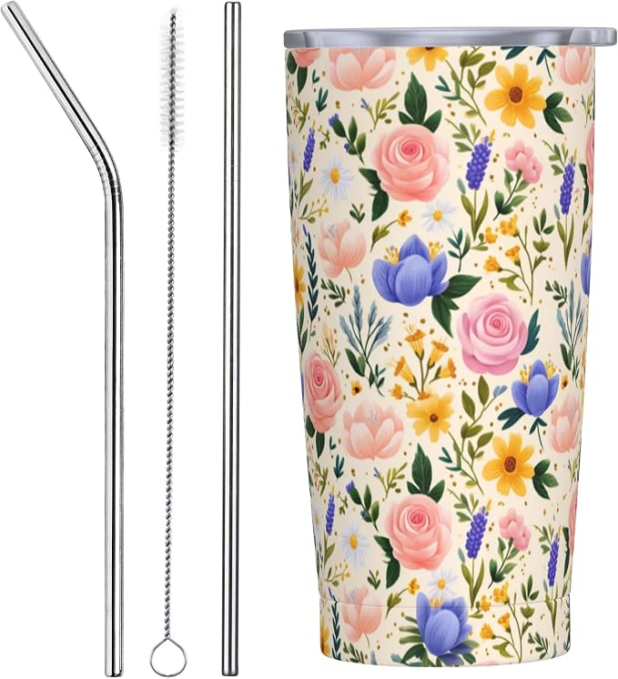 Floral Tumbler with Lid and Straw 20oz Vacuum Insulated Coffee Cup Stainless Steel Tumblers Leakproof Travel Mug Present for Women Men