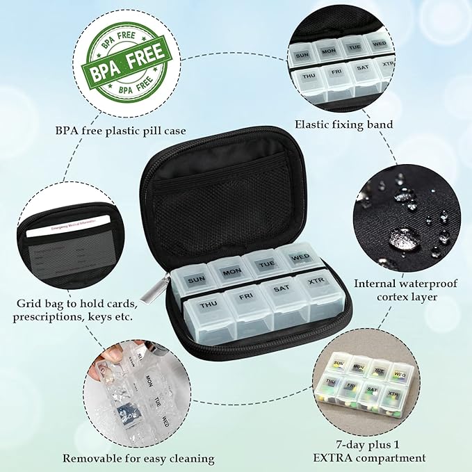 Serfeymi Weekly Travel Pill Organizer Pill Case