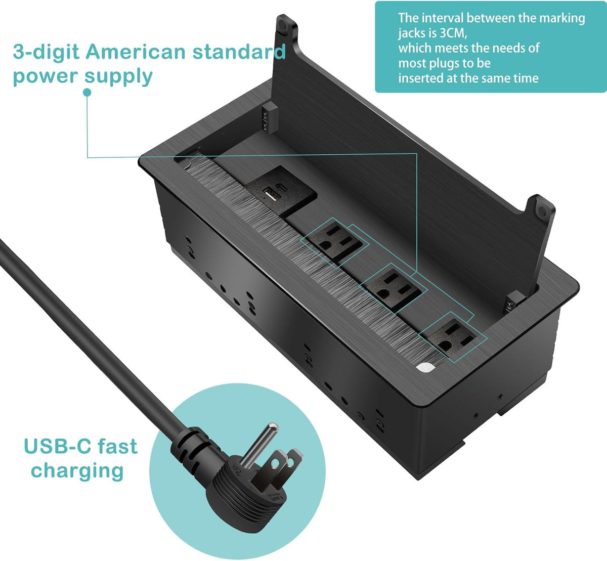 Conference Table Power Hub; Outlet Multimedia Connectivity Box with 3 AC outlets; USB-A+USB-C 18W 8FT 16AWG UL Listed Flat Plug Used for Office Conference Tables-High end Aluminum Alloy