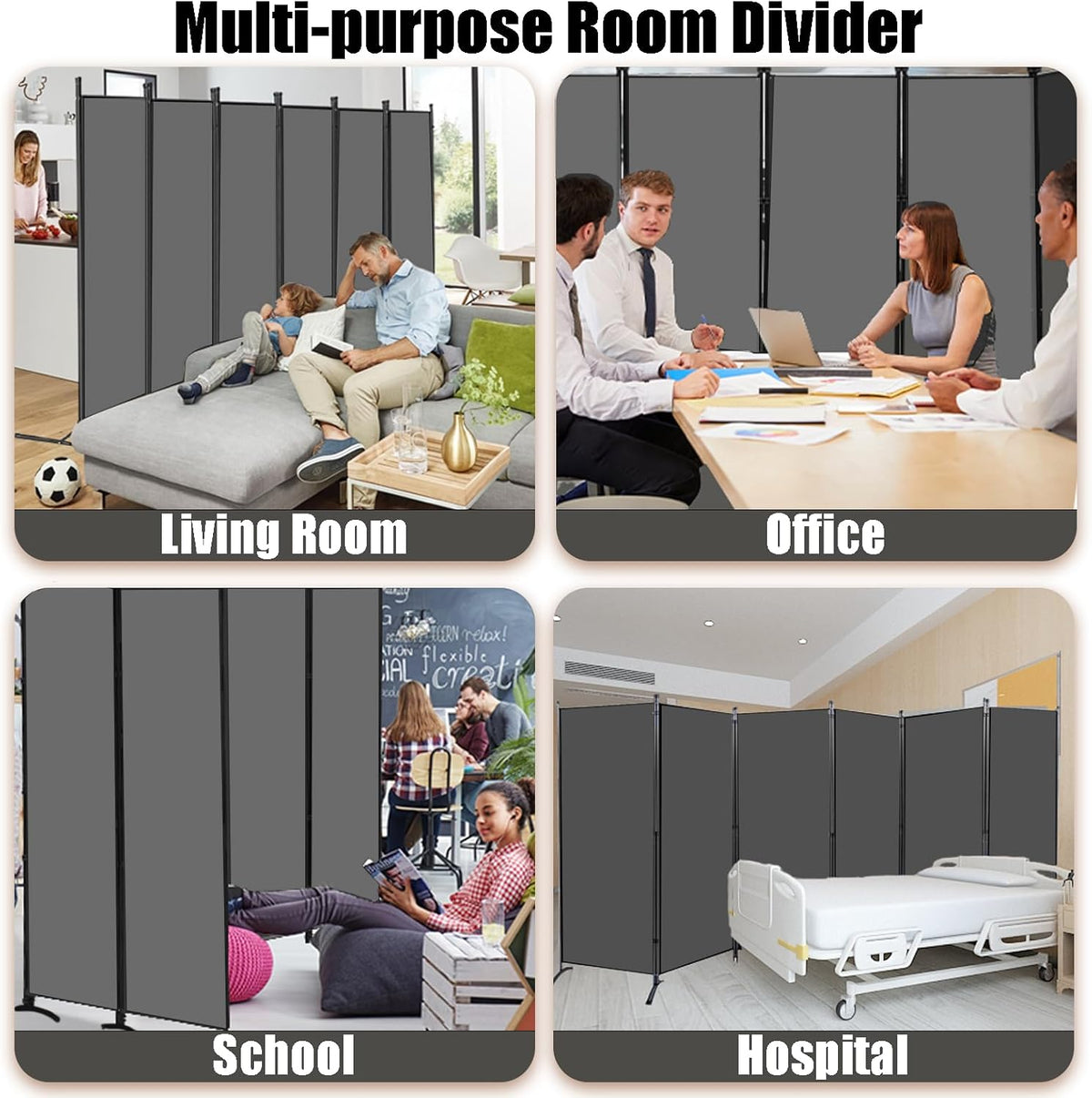 Room Divider-6 Panels Grey Folding Privacy Screens, 6 ft Partition Room Dividers Wall for Separation, Home, Office, Classroom, Studio