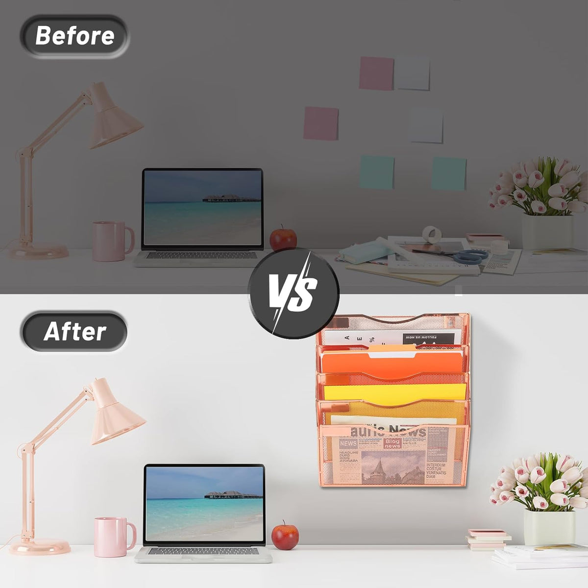 EASEPRES 5 Pocket Mesh Hanging Wall File Organizer, Wall Mounted Mail Paper Document Folder Holder, Clipboard Storage Organization Magazine Rack with Nametag Label for Office Home School, Rose Gold