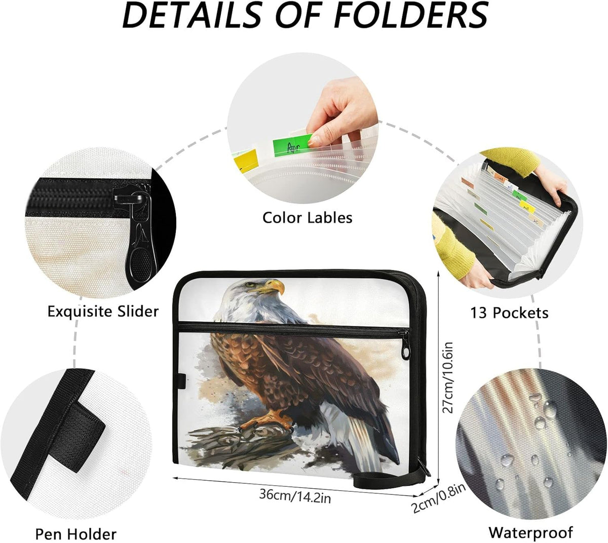 Bald Eagle Expanding File Folder 13 Pockets with Zipper Expandable Filing Folders Accordion Document Files Organizer for A4 Letter Size Paper