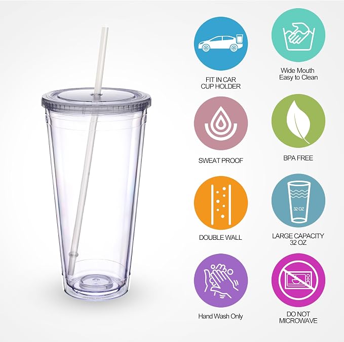 Zukro Clear Acrylic Tumbler with Straw and Lid 32 oz, Double Walled Insulated Reusable Plastic Iced Coffee Cup, To Go Cup Perfect for Home, Office, Fit in Cupholder, BPA Free, 4 Pack