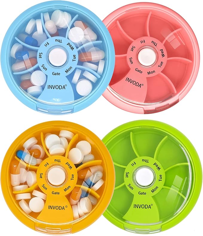 INVODA Weekly Pill Organizer 7 Compartment Rotating Pill Box