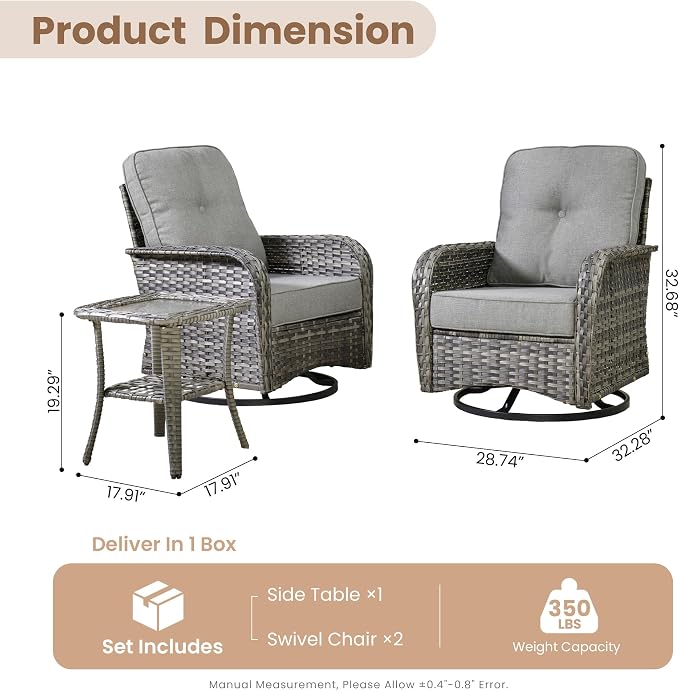 HOOOWOOO Patio Furniture Set, 3 Pieces Outdoor Conversation Set, All Weather