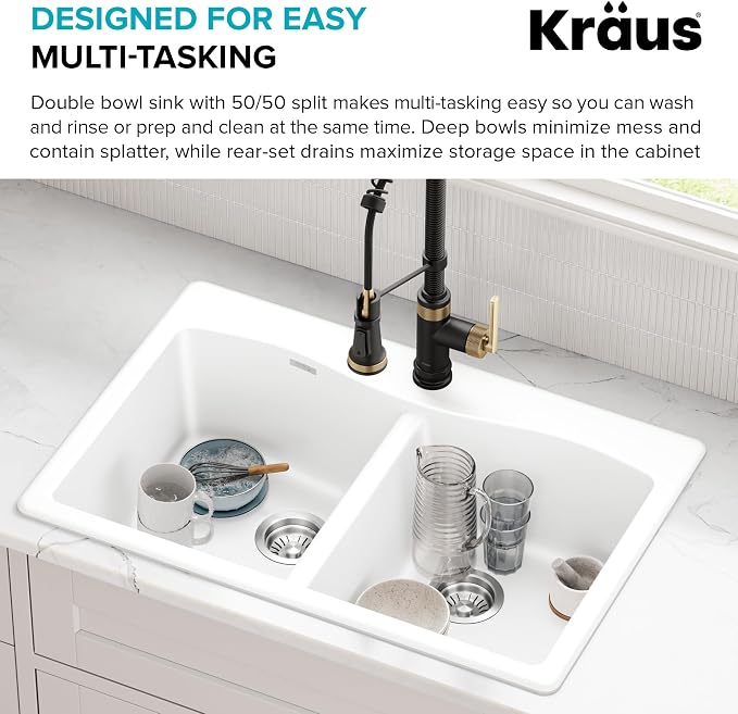 KRAUS Forteza 33-inch Granite Drop In/Undermount 50/50 Double Bowl White