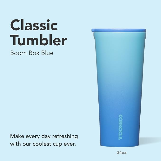 Corkcicle Classic Tumbler - Keeps Drinks Cold 9 Plus Hours - Triple Insulated Stainless Steel Drink Tumbler - Sliding Lid - Summer Drinkware Gift - Keeps Drinks Ice Cold - 24 oz - Boom Box Blue