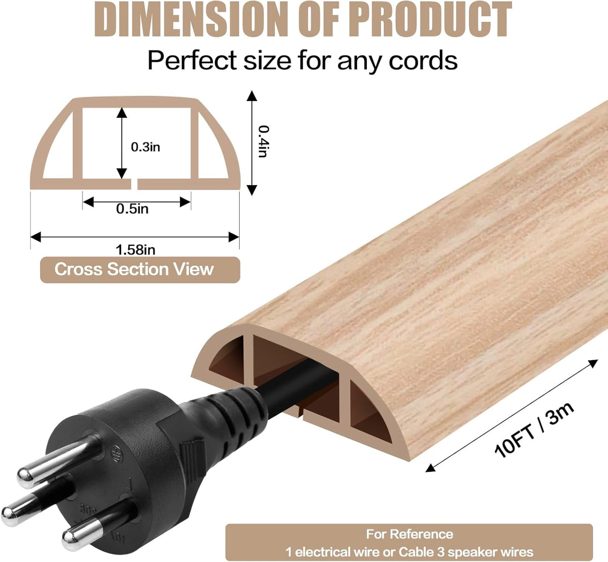 Floor Cord Cover Self Adhesive Cord Hider,10FT Cable Management, Extension Strip Protector for Wires, Prevent Cable Trips for Offices, Gyms, Exhibitions Cavity:0.51"(W) x 0.3"(H) WoodLightyellow