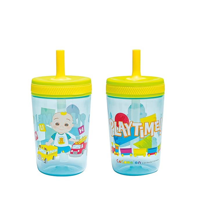 Zak Designs 15oz Cocomelon Kelso Tumbler Set, Leak-Proof Screw-On Lid with Straw Made of Durable Plastic and Silicone, Perfect Bundle for Kids