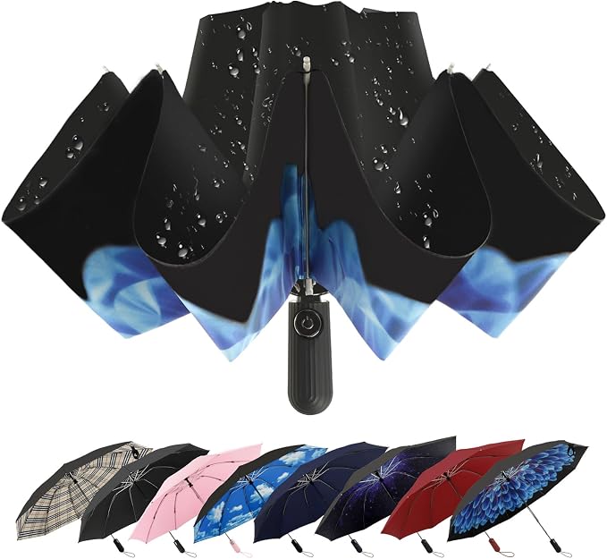 Compact Inverted Travel Umbrella, Automatic Open Close, 9-Rib 46 Inch Windproof