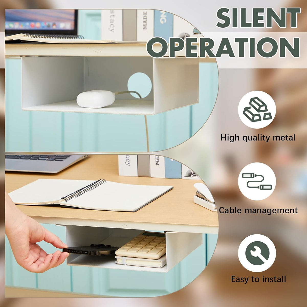 2 Pack Under Desk Storage Shelf, Carbon Steel Tray with Mute Felt Sheets, Mount Shelves Organizer for Office Home Workstation Gaming Desk Stand up (7.5x8x2.8 In/Storage Shelf,White)