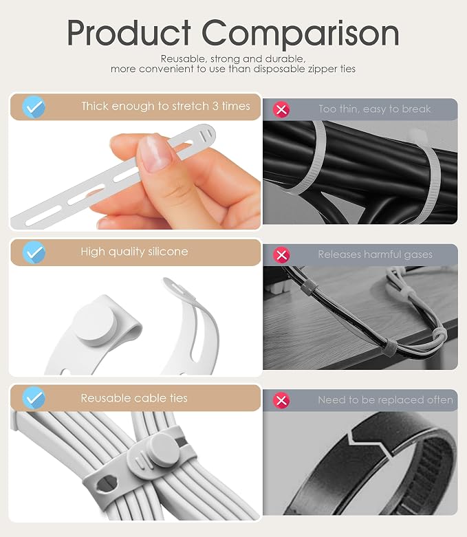 20Pcs Nearockle Silicone Cable Ties, 5.12 Inch Adjustable Cord Organizer