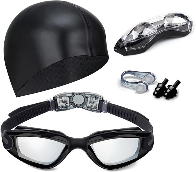 Swim Goggles Swimming Goggles No Leaking with Nose Clip, Earplugs, Swim Cap and Case for Men Women