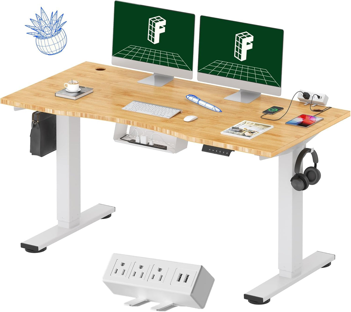 FLEXISPOT EN2 Whole-Piece Bamboo Standing Desk Clamp Power Strip, 55 x 28 Electric Stand Up Height Adjustable Desk with Cable Management (Grey Frame + 55" Bamboo Top, 2 Packages)