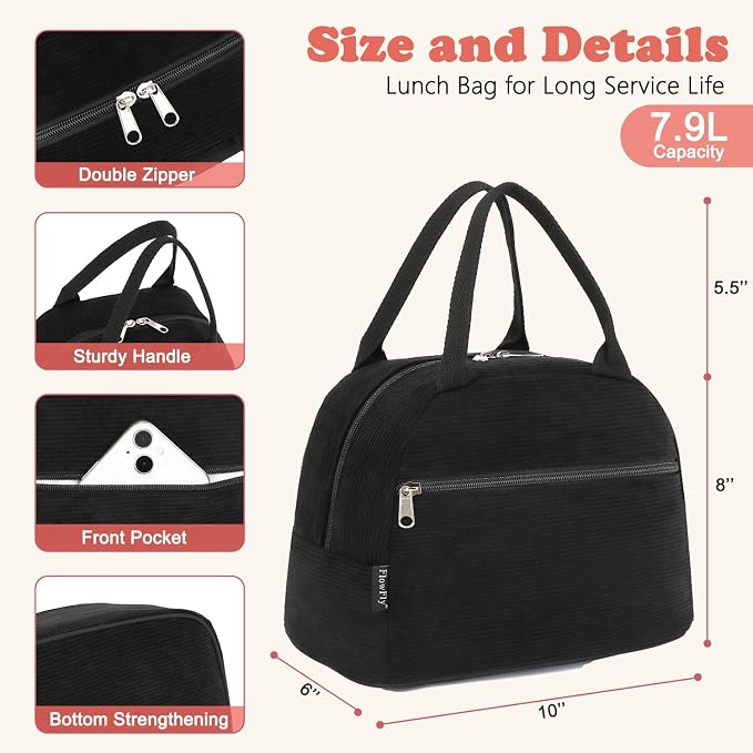 FlowFly Lunch Bag for Women Insulated Lunch Box Corduroy Lunch Tote Cooler for