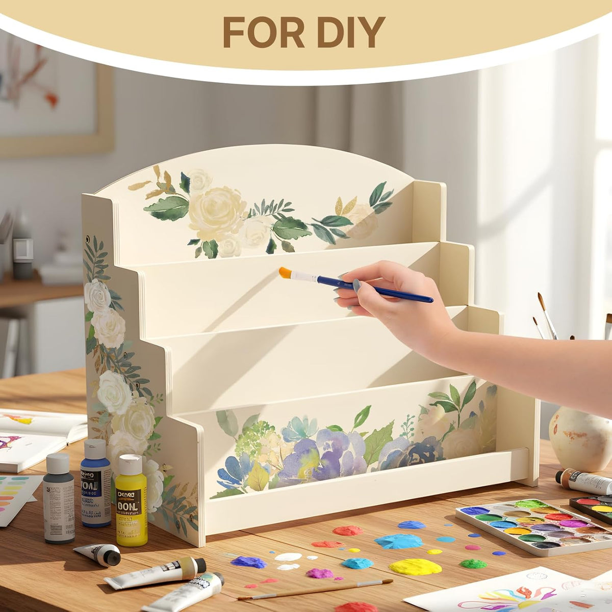 4 Tier 1Pc Wooden Greeting Card Display Stand, Sticker Organizer Rack, Retail Photos Shelf for Vendors Craft Collection, Retail Stores, Postcards, Jewelry, Snacks