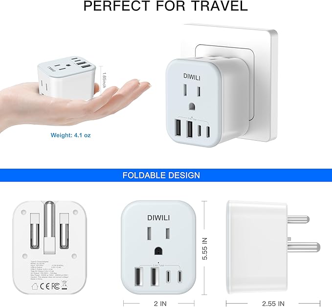 US to India Travel Plug Adapter, Foldable India Power Adapter