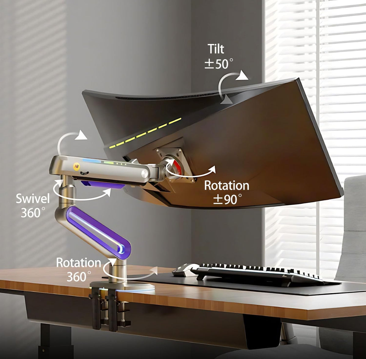 Designer Gaming Monitor Arm for 32 to 60 Inches Screen, Load up to 20 kg, VESA 75/100, RGB-Light, Heavy Duty, Multi Angle Adjustable, Premium Aluminum, Long Arm Extension Purple Blue