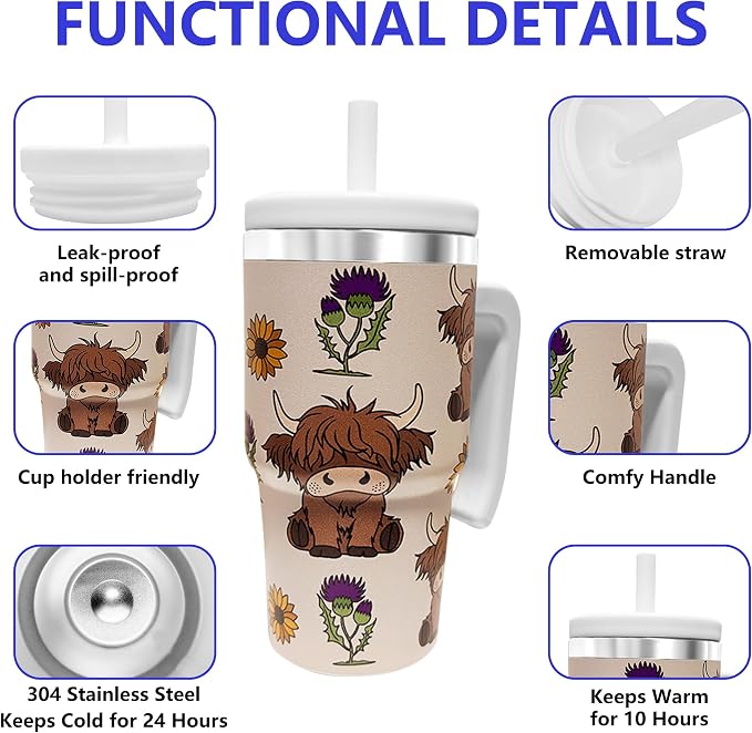 20-OZ Insulated Water Bottle,Insulated Stainless Steel Tumbler,Reusable Cold Drink Thermos,BPA-Free, Double-Wall Stainless Steel Water Bottle (Cream-Higland cow, 20, Fluid Ounces)