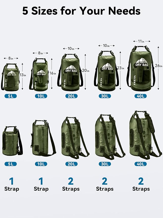 HEETA Dry Bag Waterproof for Women Men, 5L/10L/20L/30L/40L Roll Top Lightweight Dry Storage Bag Backpack with Phone Case for Travel Swimming Boating Kayaking Paddle Board Camping Beach Accessories