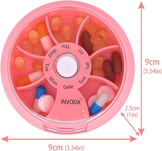 INVODA Weekly Pill Organizer 7 Compartment Rotating Pill Box