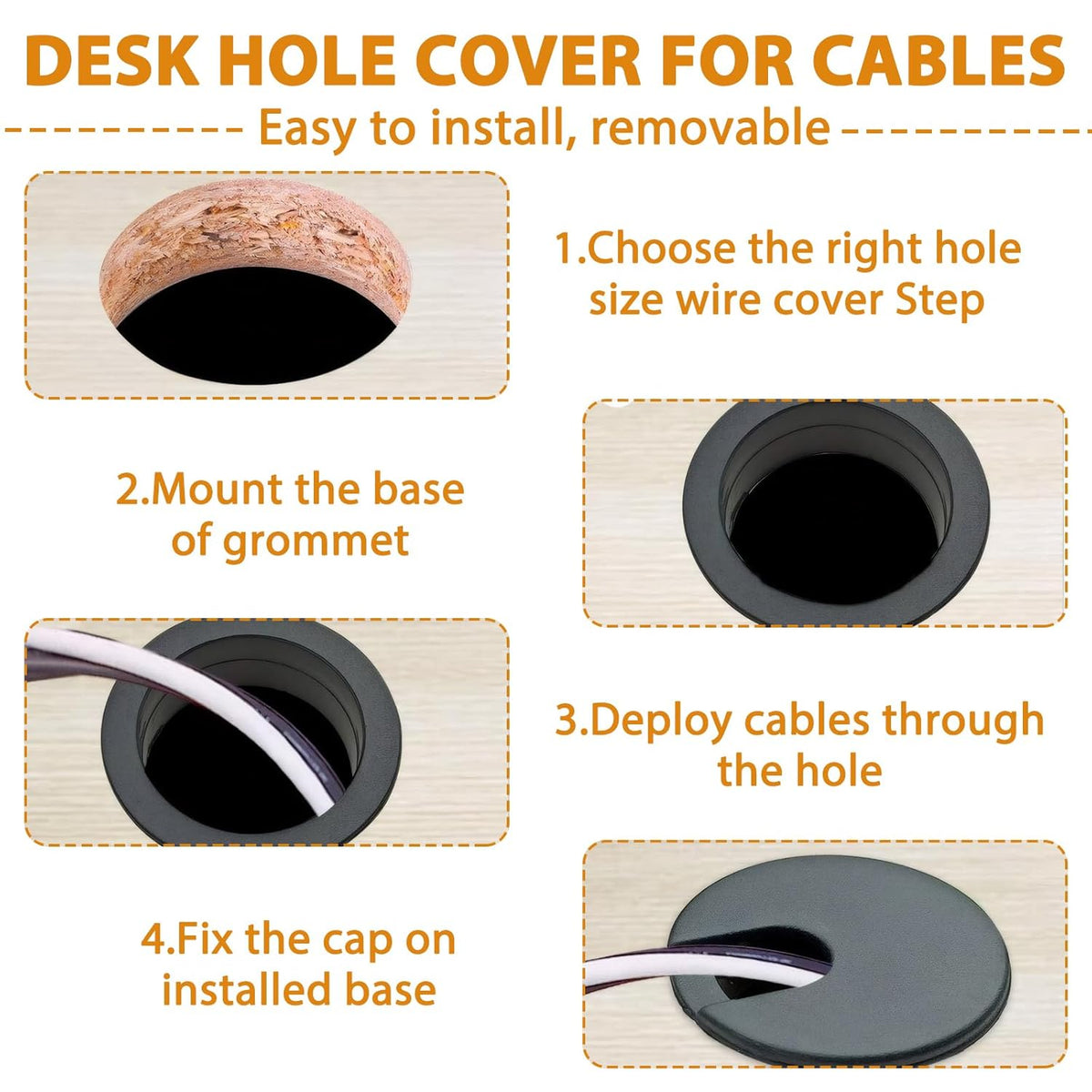 12 PCS Desk Wire Hole Insert, Desk Grommet, Cord Hole Cover 1.97in Black Wire Organizer Caps Detachable Cable Cord Organizer Suitable for Office Desks, Tv Cabinets, Desktops
