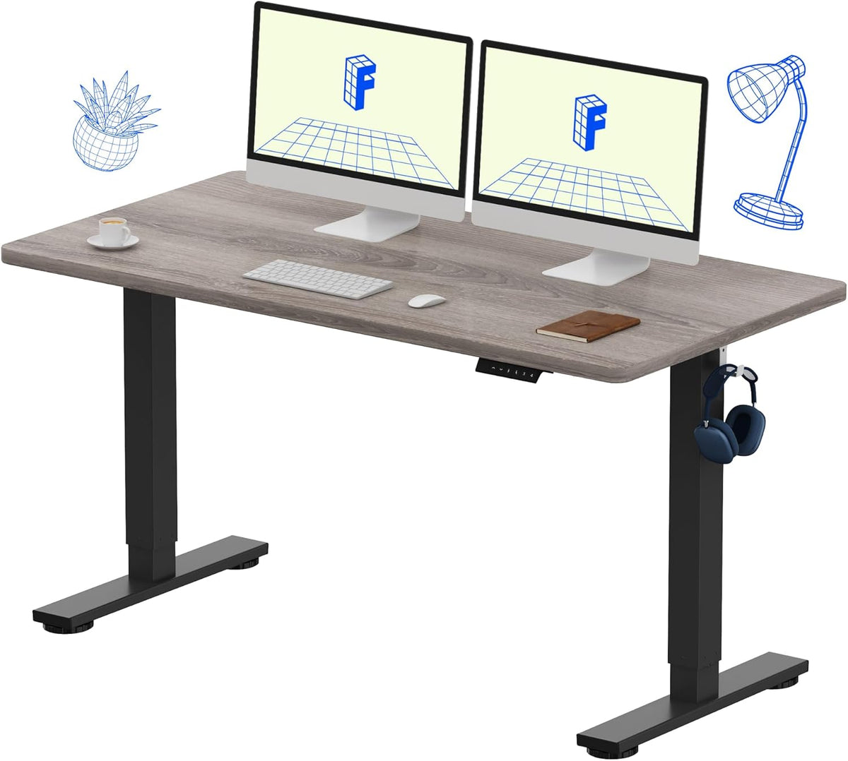 FLEXISPOT EN1 Whole Piece Standing Desk 55 x 28 Inches Stand Up Desk for Workstation and Home Office (Black Frame + Gray Wood Top, 2 Packages)