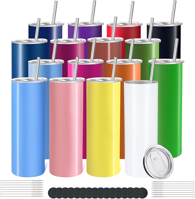 YOUKE OLA 16 Pack Skinny Tumblers 20oz Bulk Straight Stainless Steel Double Wall Vacuum Insulated Tumbler with Lid and Straw & Silicone Base for Travel, DIY, 16 Colors