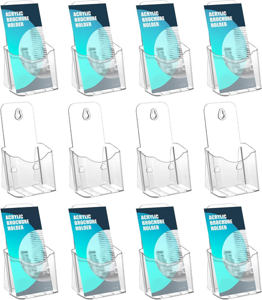 12 Pack Acrylic Brochure Holder, Trifold 4 Inches Wide Clear Plastic Brochure Display Stand, Rack Card Holder for Pamphlet, Mini Flyer, Countertop and Wall Mount Use