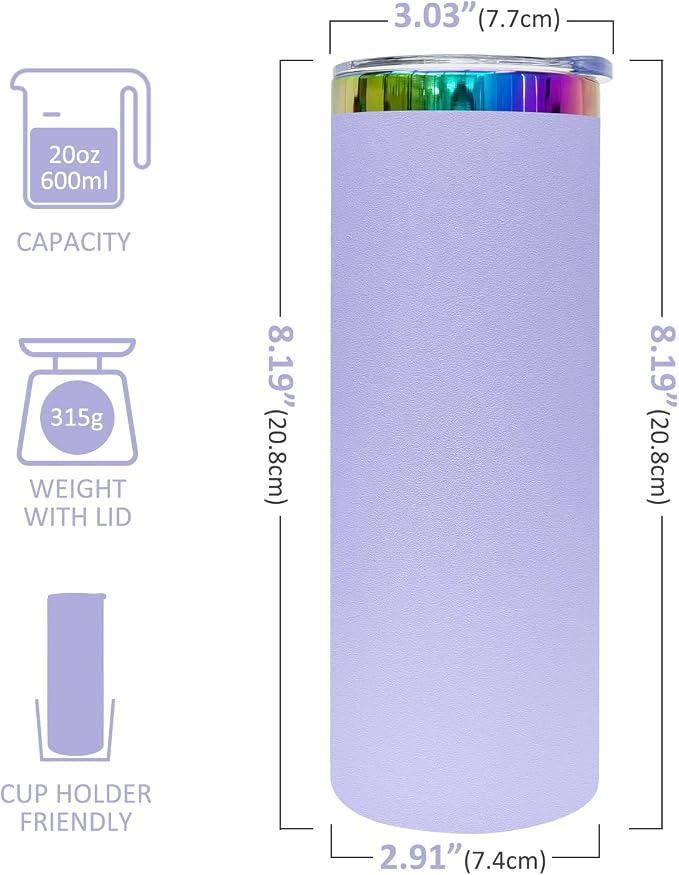 20 oz Skinny Tumblers Stainless Steel Tumbler with Lid and Straw Double Wall Vacuum Insulated Coffee Mug 20oz Powder Coated Cup for Hot and Cold Drinks(Purple,4 pack)