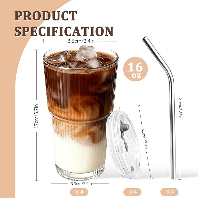 4 Packs Ribbed Glass Tumbler with Lid and Straw 16 oz Vintage Ice Coffee Cup Set Bulk Simple Modern for Smoothie Juice Matcha Tea Water Slushie Home Clear Hot Drink Glasses Boba Kitchen Glassware