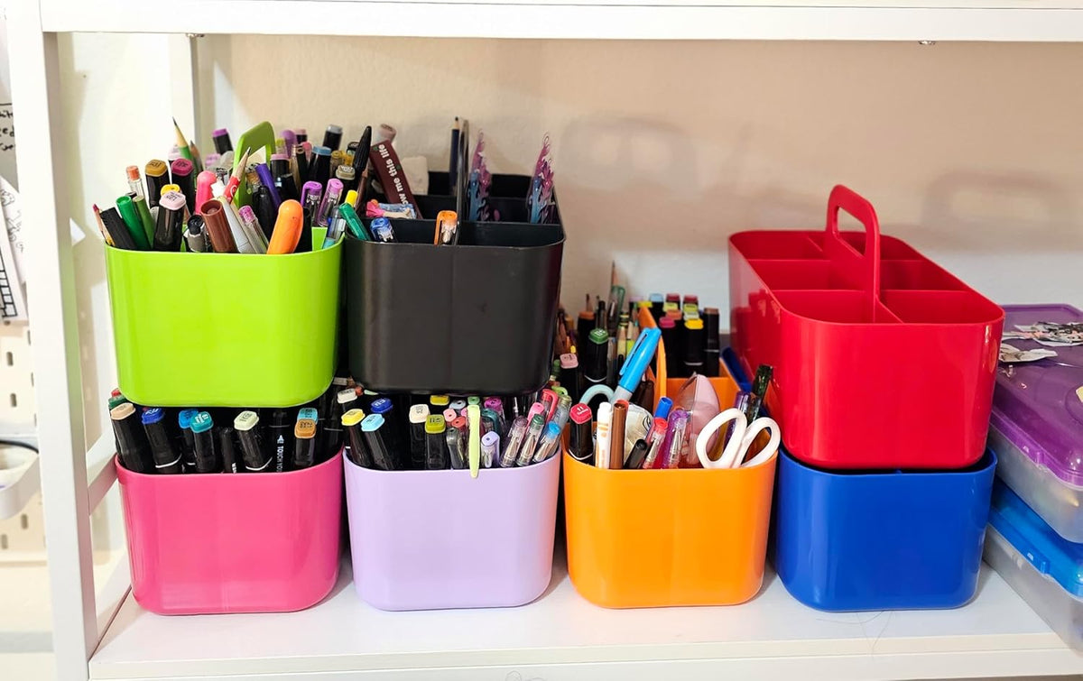 2 Pack Small 6 Compartment Multiuse Caddy Organizer with Handle Art Craft Supplies, Office, Desk, Stationery Pen Holder Stackable- Made In USA (Blue)