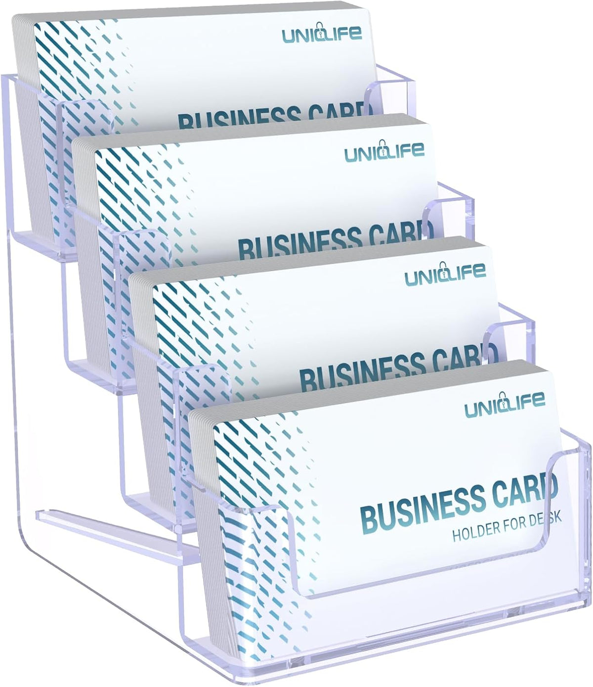 Uniclife Acrylic Business Card Holder for Desk 4 Slots Clear Business Card Display Stand for Men & Women Desktop Business Card Organizer Card Stand for Office Home Exhibition, 240 Card Capacity
