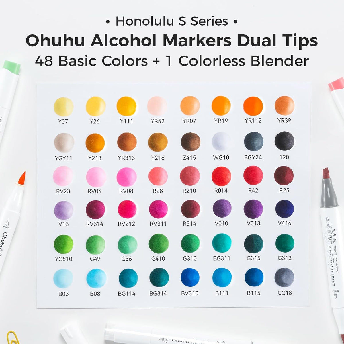 Ohuhu Alcohol Markers: Soft Chisel Red Dot Design Award Winner 48-color Brush & Soft Chisel Dual Tips Drawing Markers for Artists Beginners Adults Coloring Illustration Sketching - Honolulu S