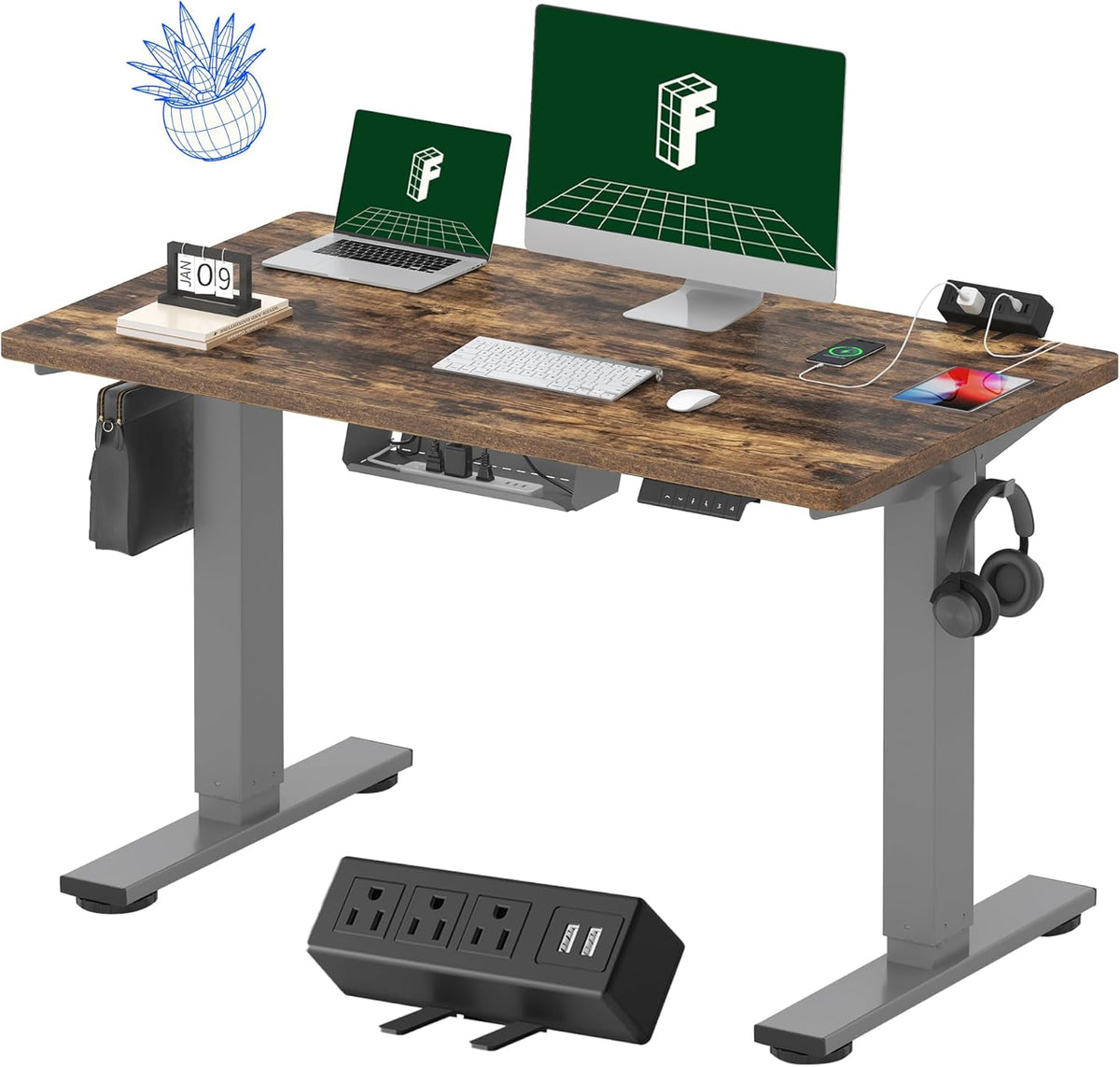 FLEXISPOT EN2 Whole-Piece Standing Desk with Clamp Power Strip, 48 x 24'' Electric Stand Up Height Adjustable Desk with Cable Management (Gray Frame + 48" Rustic Brown Desktop, 2 Packages)