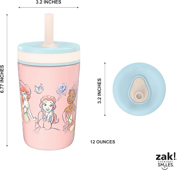 Zak Designs Disney Princess Kelso Toddler Cups For Travel or At Home, 12oz Vacuum Insulated Stainless Steel Sippy Cup With Leak-Proof Design For Kids (Ariel, Belle, Cinderella, Mulan, Tiana)