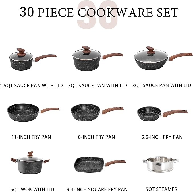 MAISON ARTS 30 Piece Pots and Pans Set Non Stick, Kitchen Cookware & Bakeware