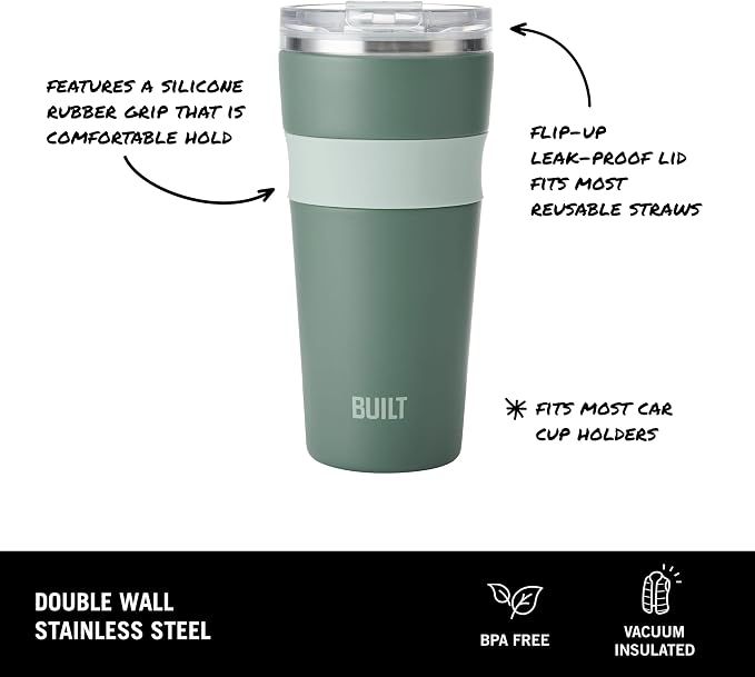 BUILT 24 oz Stainless Steel Vacuum Insulated Tumbler - Sage Green Double Wall Travel Cup, Keeps Drinks Cold 24 Hours or Hot 8 Hours, Leak Proof Lid with Flip Straw, Silicone Grip