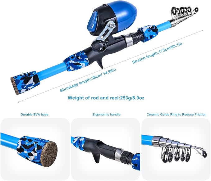 LEOFISHING 170cm/5.6ft Kids Fishing Rod Set Portable Telescopic Kids Fishing