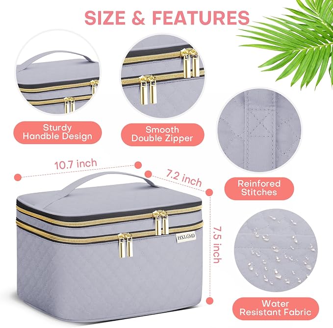 Large Makeup Bag with Mirror Double Layer Travel Make Up Organizer Case