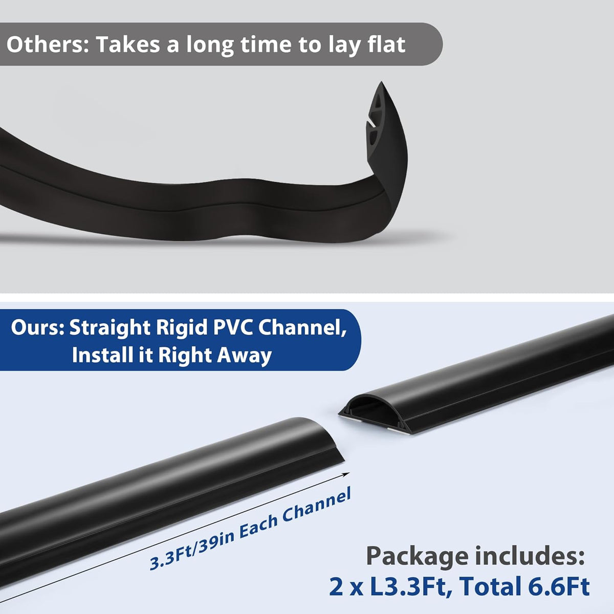 Cord Cover Floor 6.6ft (2 x L3.3ft), Large Capacity Floor Cable Cover, Hard PVC Cord Hider, Wire Cable Management Raceway, Black, Cord Cavity - 1.8"(W) x 0.6"(H)