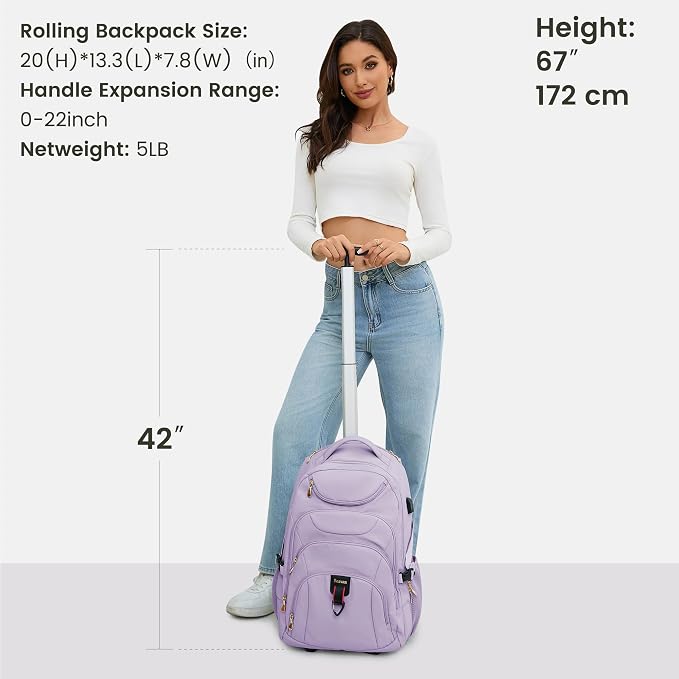 Boavan Rolling Backpack for Women, 17.3 Inch Wheeled Laptop Backpack, Large