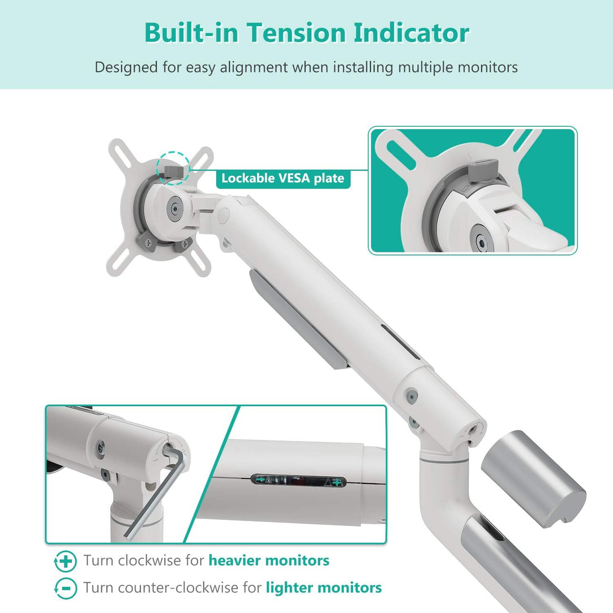 WALI Dual Monitor Stand White Monitor Arms for 2 Monitors, Mechanical Spring Tension Indicator Fully Adjustable Bracket, Up to 32 inch, 22lbs Weight Capacity (MATI002-W), White