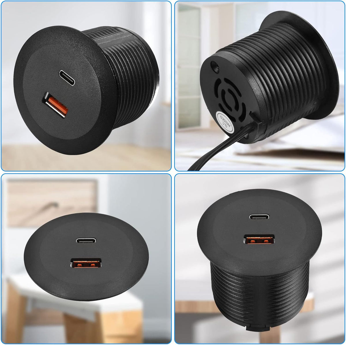 Desk USB Power Grommet Outlet, Built-in 1 USB-A and 1 USB-C Ports, USB Hub for Sofa, Couch, Table, Bedside, Workbench, Office, Home, 5 FT Power Cord