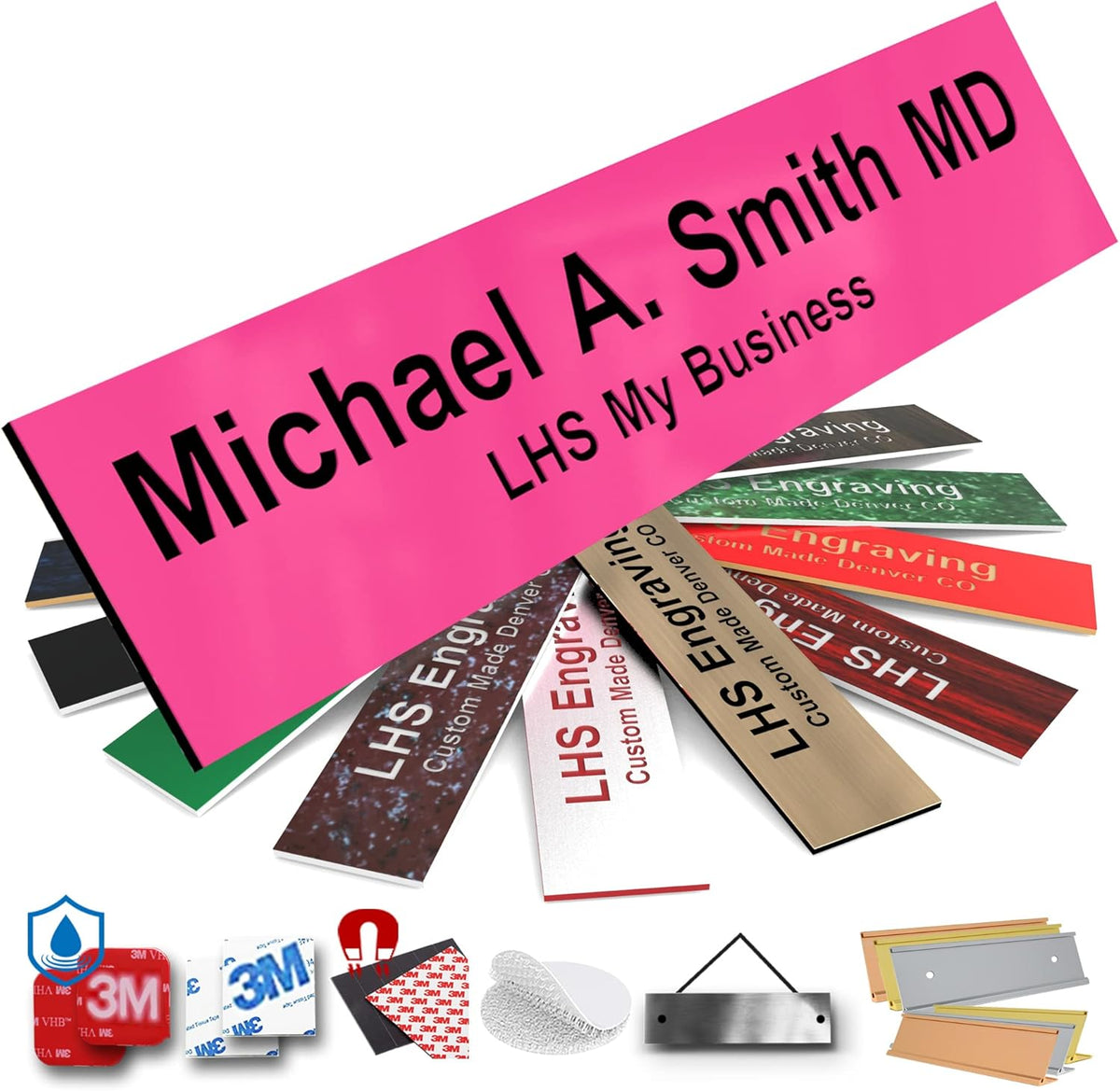 Door Name Plate Personalized for Office Pink Plastic Name Plate Black Letters - Made in USA 2x6 B12