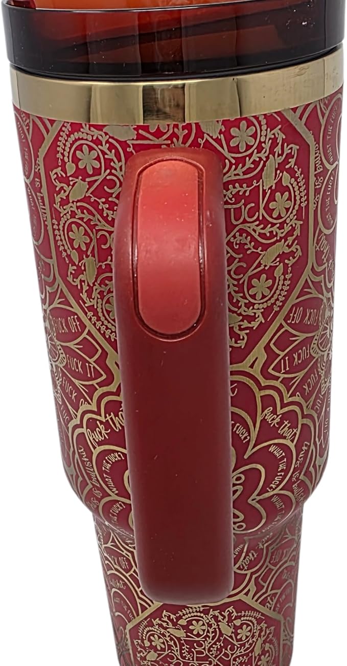 Hidden Cuss Word Tumbler 40oz Laser Engraved Funny Nurse Gift Swear Tumbler with Lid and Straw, Multicolor, Gag Gift Hidden Curse Words Stainless Steel Travel Mug (Red with Gold Underlay)