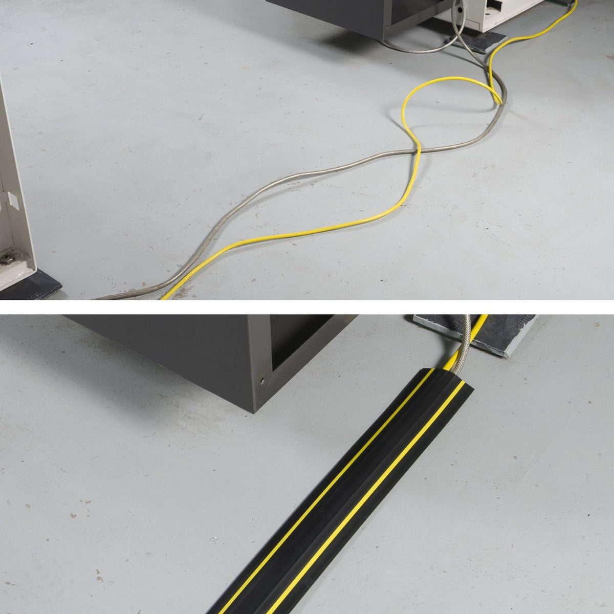 D-Line 30ft Floor Cord Cover, Made in USA Linkable Cable Protector, Hide Extension Cords, Protect Cords, Prevent Cable Trips, Cord Hider, Heavy Duty - Cord Cavity = 1.18" (W) x 0.39" (H), Black/Yellow