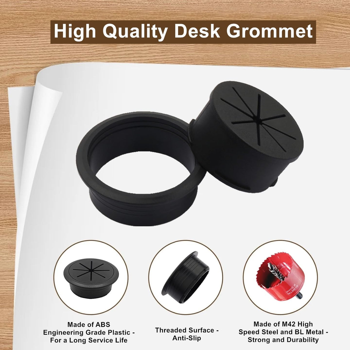 4 Pack Desk Grommet 2 Inch (50 mm), Desk Hole Cover for Cables, Black Desk Cord Hole Cover for Office Home Table, Cable Grommet with 1 Hole Saw Drill Attachment & 6 Cable Ties